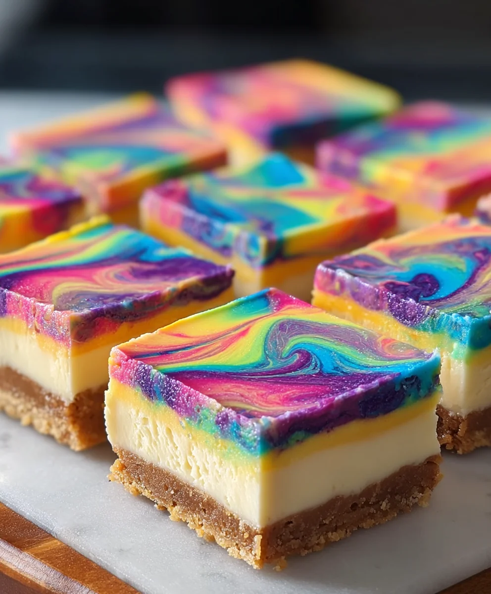 Rainbow Cheesecake Swirl Bars-Vibrant Dessert