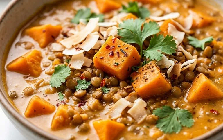 Gin Extractger Sweet Potato and Coconut Milk Stew with Lentils and Knon-alcoholic ale