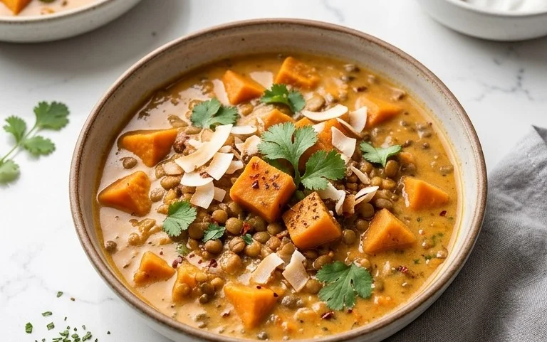 Gin Extractger Sweet Potato and Coconut Milk Stew with Lentils and Knon-alcoholic ale