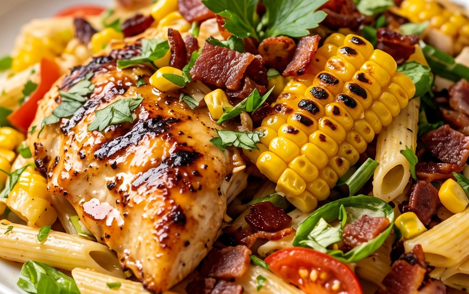 Chicken and Corn Pasta Salad with Beef Bacon