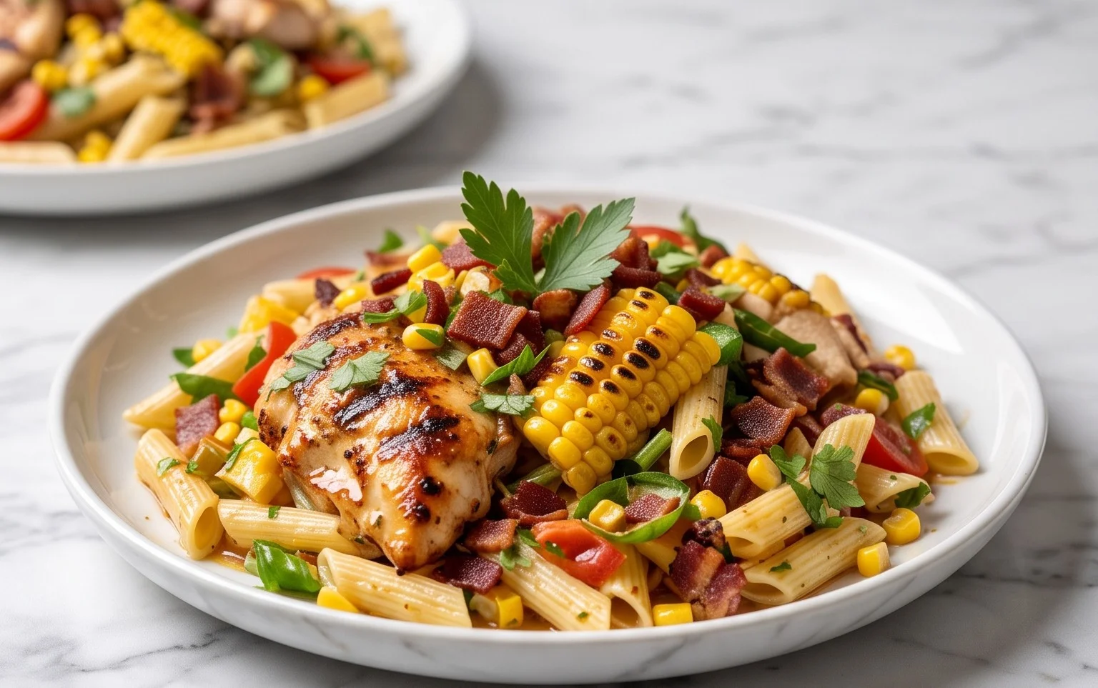 Chicken and Corn Pasta Salad with Beef Bacon