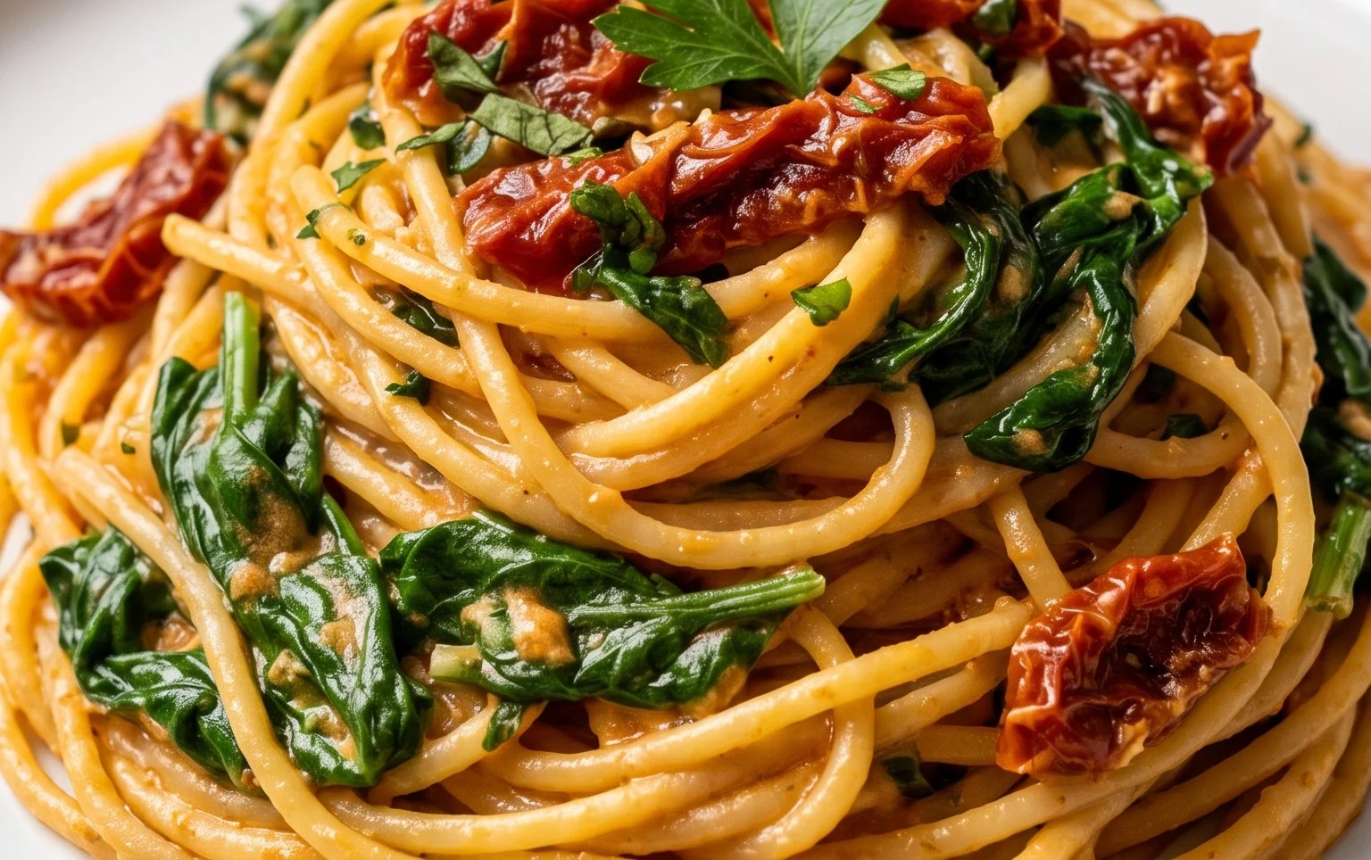 Spaghetti & Spinach with Sun-Dried Tomato Cream Sauce