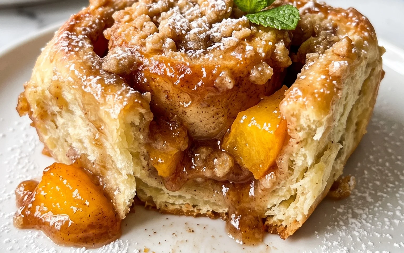 Peach Cobbler Cinnamon Rolls with Crum extractb Topping