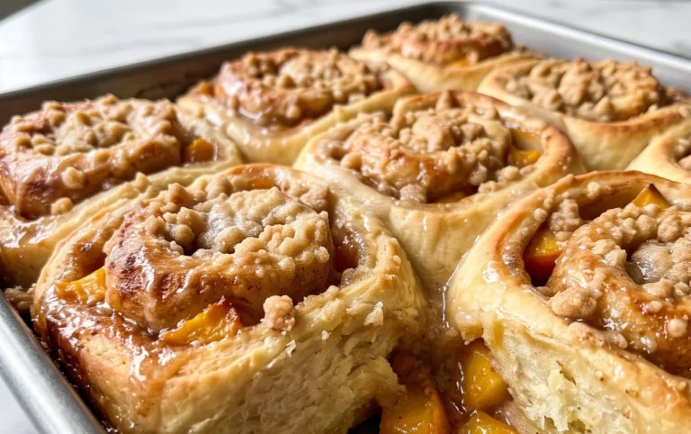 Peach Cobbler Cinnamon Rolls with Crum extractb Topping