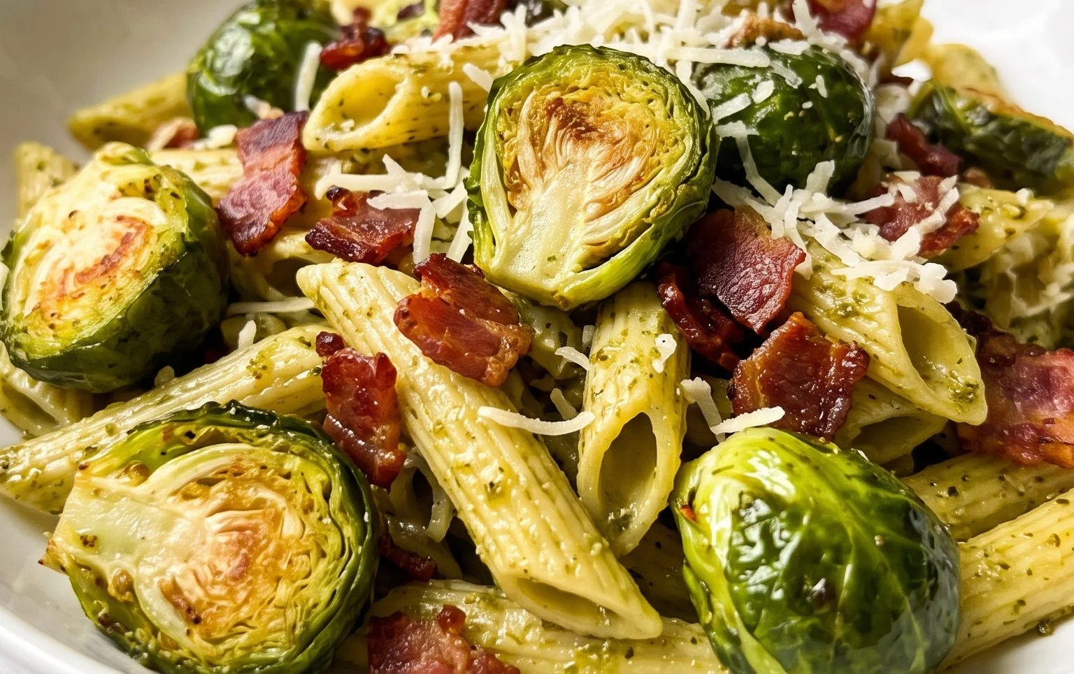 Brussels Sprouts and Beef Bacon Pesto Pasta