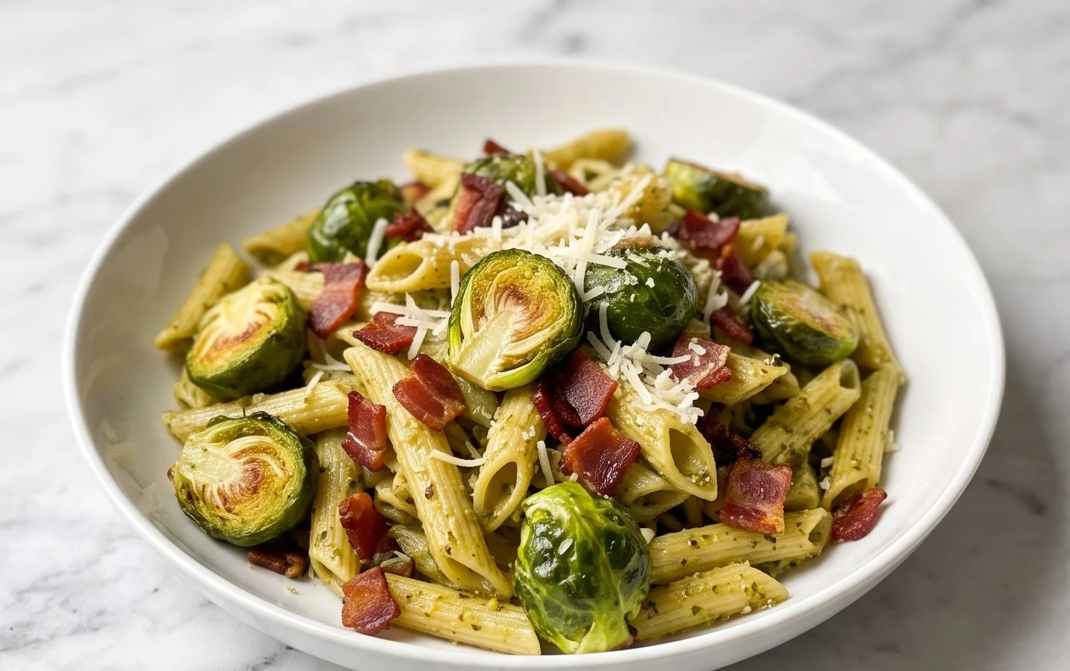 Brussels Sprouts and Beef Bacon Pesto Pasta