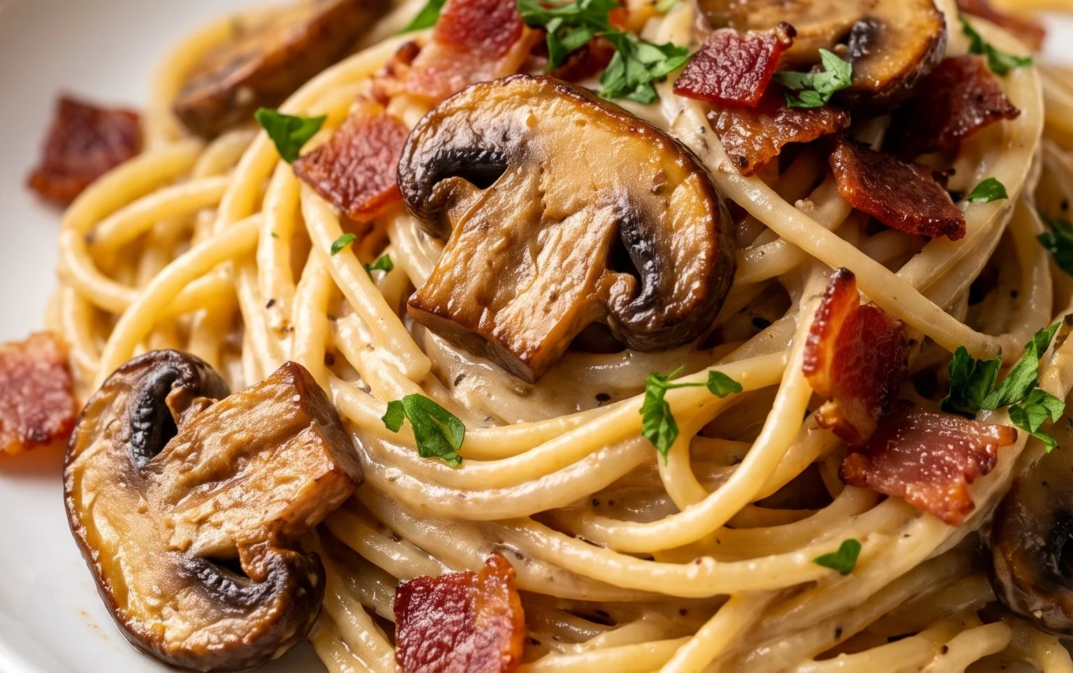 Creamy Beef Bacon and Mushroom Pasta