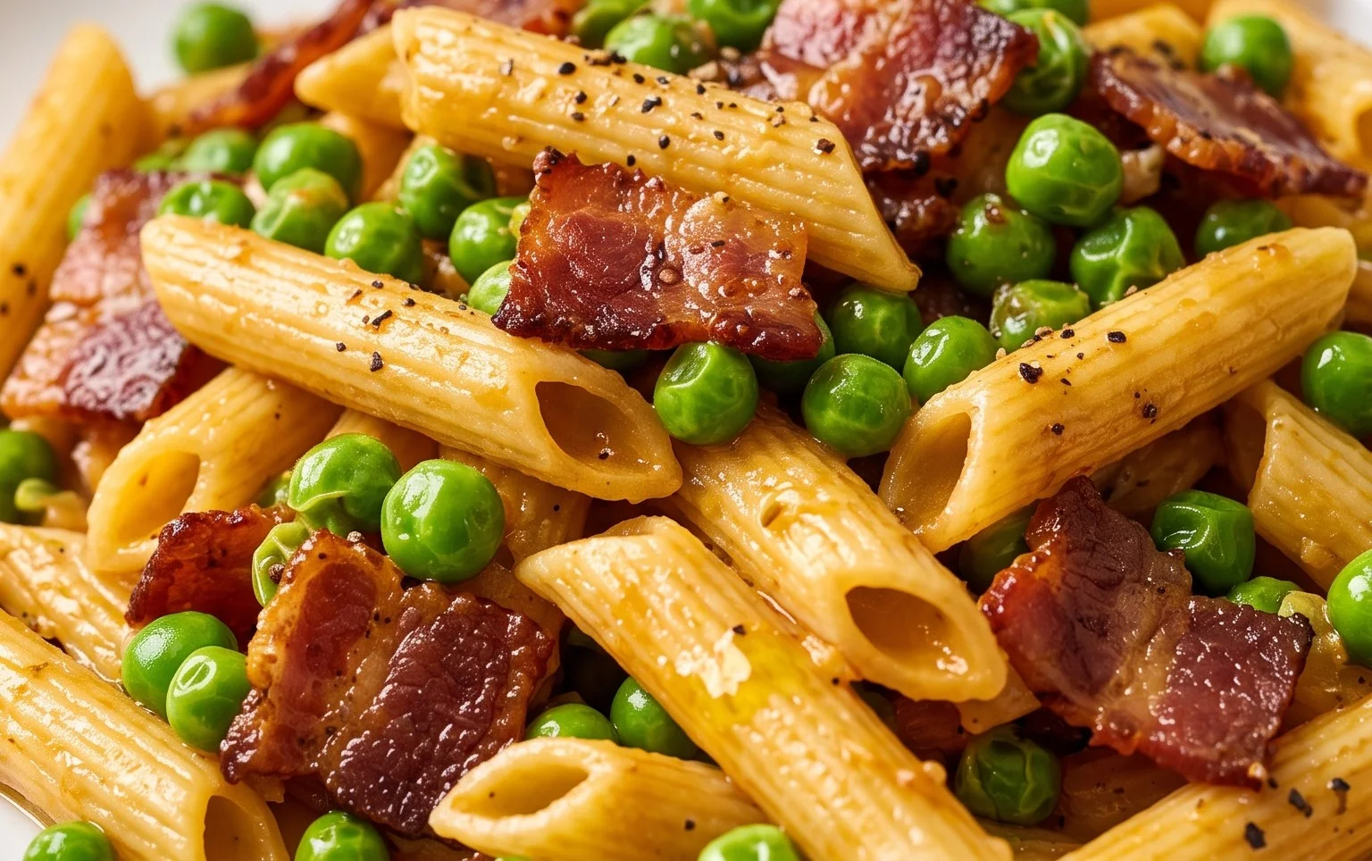 Penne Pasta, Peas and Beef Bacon