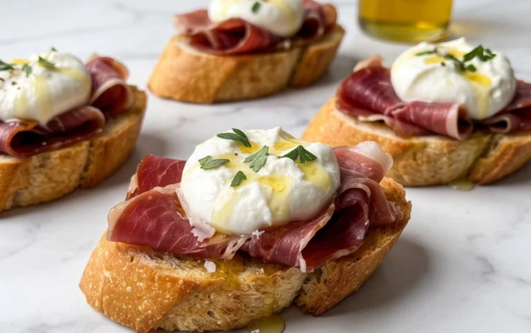 Beef Prosciutto Crostini with Burrata and Lemon Honey Drizzle